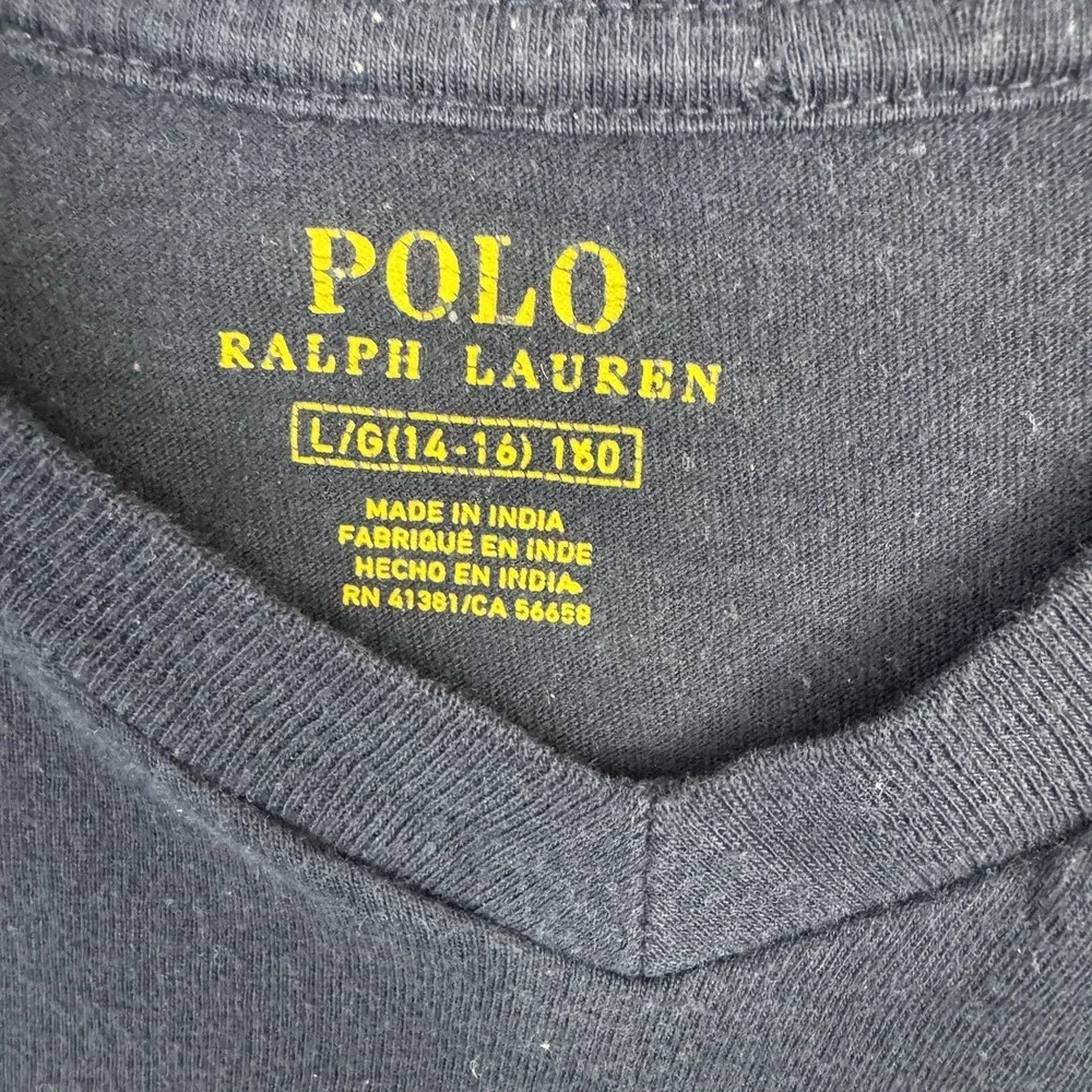 Polo Ralph Lauren Boys Sz L 14-16 Blue White Striped V Neck Short Sleeve T Shirt